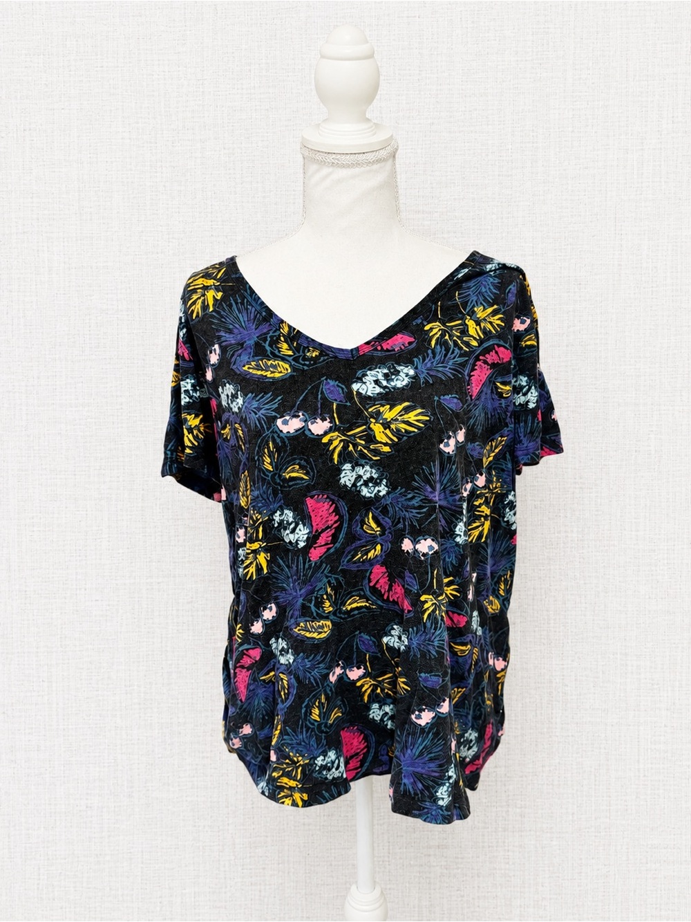 Lord & Taylor Black Floral Short Sleeve Top with Pink & Yellow Accents